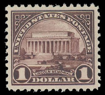 Value of US Stamps Scott Catalogue #571 - US$1.00 1923 Lincoln Memorial Perf 11. Daniel Kelleher Auctions, Aug 2012, Sale 631, Lot 1321