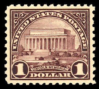 Costs of US Stamps Scott Catalogue # 571: 1923 US$1.00 Lincoln Memorial Perf 11. Daniel Kelleher Auctions, Dec 2012, Sale 633, Lot 944