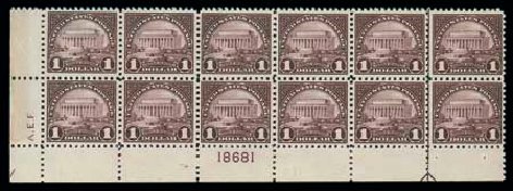 Value of US Stamp Scott 571: 1923 US$1.00 Lincoln Memorial Perf 11. Matthew Bennett International, Dec 2007, Sale 325, Lot 2245
