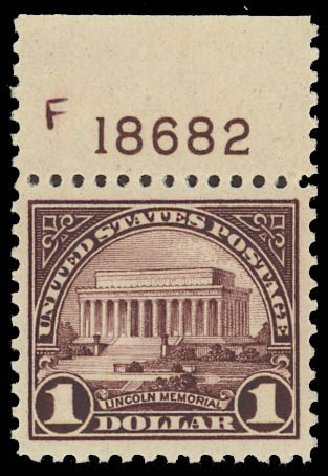 Price of US Stamp Scott Cat. # 571: US$1.00 1923 Lincoln Memorial Perf 11. Daniel Kelleher Auctions, Aug 2012, Sale 631, Lot 1322