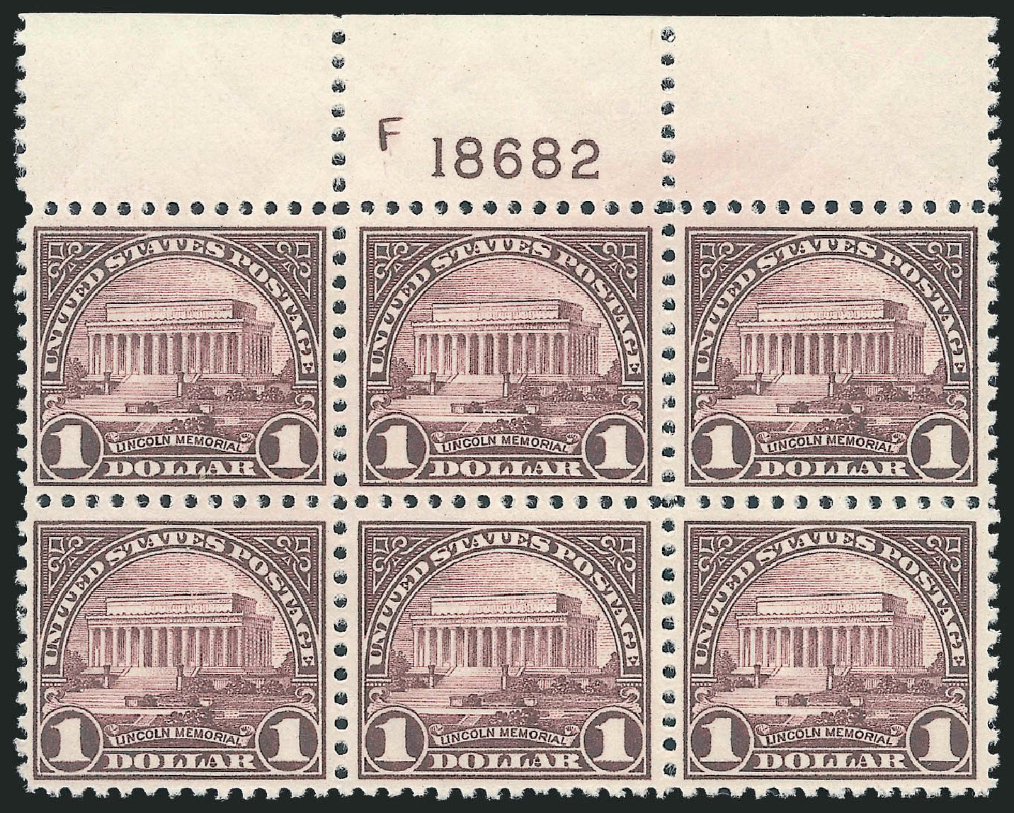 US Stamps Prices Scott Catalog 571: 1923 US$1.00 Lincoln Memorial Perf 11. Robert Siegel Auction Galleries, Dec 2009, Sale 982, Lot 5952