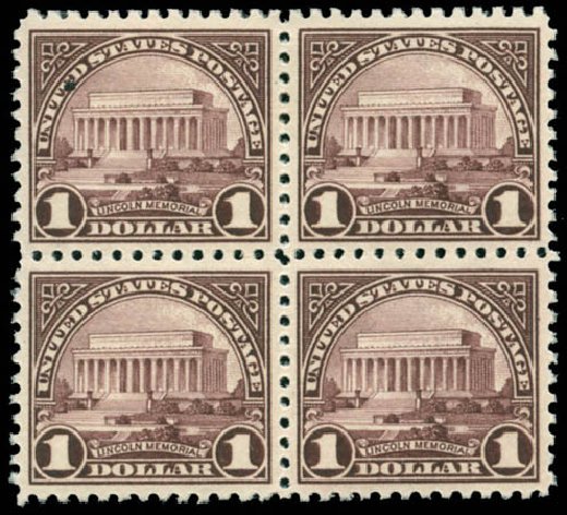 Prices of US Stamps Scott Catalog 571: 1923 US$1.00 Lincoln Memorial Perf 11. Matthew Bennett International, Jun 2008, Sale 328, Lot 1053