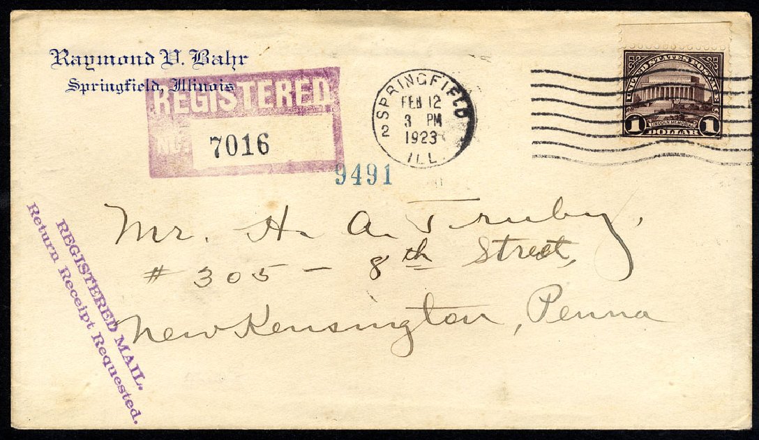 Values of US Stamps Scott Catalog 571 - US$1.00 1923 Lincoln Memorial Perf 11. Cherrystone Auctions, Jun 2009, Sale 200906, Lot 273