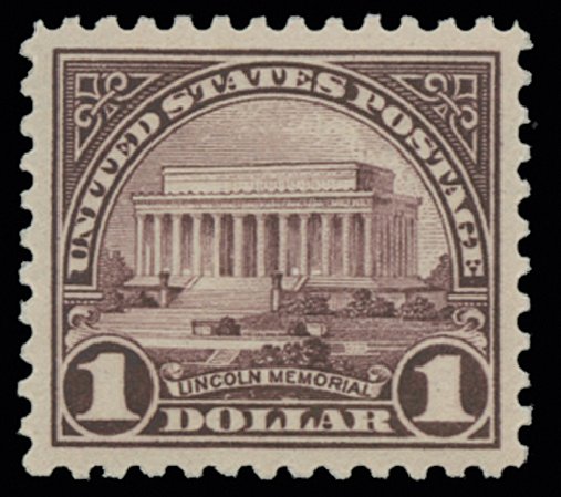 US Stamp Values Scott # 571 - US$1.00 1923 Lincoln Memorial Perf 11. H.R. Harmer, May 2014, Sale 3005, Lot 1323