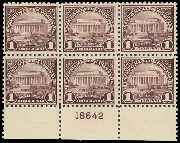 Price of US Stamps Scott Catalogue # 571 - US$1.00 1923 Lincoln Memorial Perf 11. Daniel Kelleher Auctions, Aug 2012, Sale 631, Lot 1323
