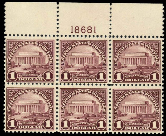 Values of US Stamps Scott 571 - US$1.00 1923 Lincoln Memorial Perf 11. Daniel Kelleher Auctions, Mar 2014, Sale 648, Lot 2263