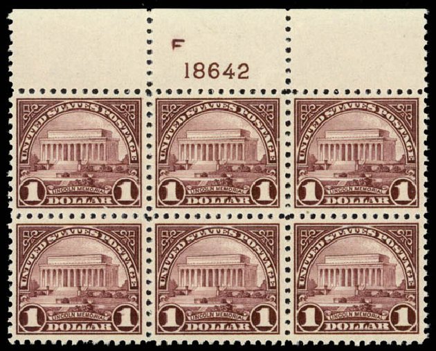 US Stamp Prices Scott # 571 - US$1.00 1923 Lincoln Memorial Perf 11. Daniel Kelleher Auctions, May 2014, Sale 653, Lot 2443