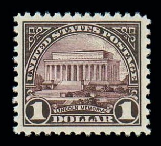 Values of US Stamps Scott Cat. # 571 - 1923 US$1.00 Lincoln Memorial Perf 11. Matthew Bennett International, Jun 2007, Sale 319, Lot 1516