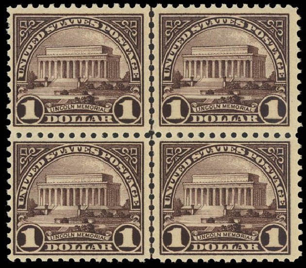 Values of US Stamps Scott Catalogue # 571 - US$1.00 1923 Lincoln Memorial Perf 11. Daniel Kelleher Auctions, Jan 2012, Sale 628, Lot 566