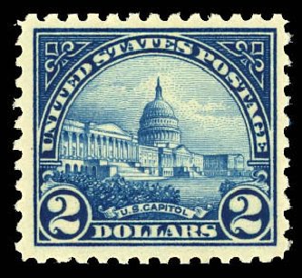 Price of US Stamps Scott Cat. 572 - US$2.00 1923 US Capitol Perf 11. Daniel Kelleher Auctions, Dec 2012, Sale 633, Lot 945