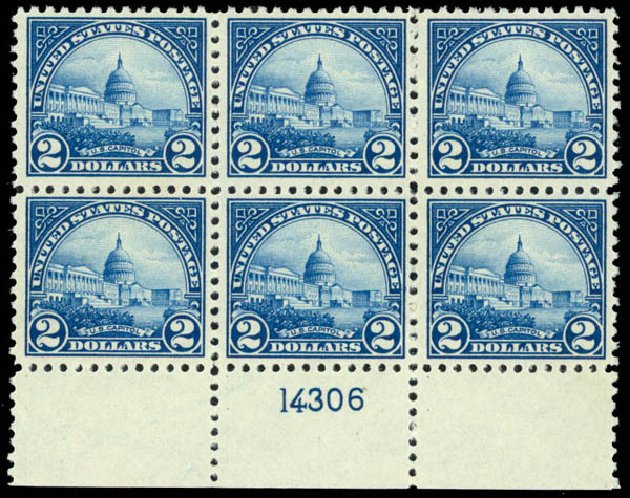 US Stamps Values Scott Cat. #572: 1923 US$2.00 US Capitol Perf 11. Daniel Kelleher Auctions, Apr 2013, Sale 636, Lot 435