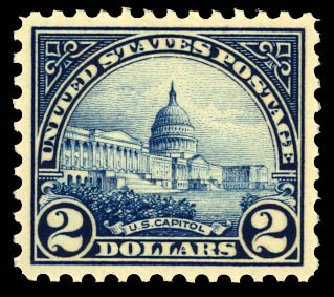 Value of US Stamps Scott Catalog # 572 - US$2.00 1923 US Capitol Perf 11. Daniel Kelleher Auctions, Dec 2012, Sale 633, Lot 946