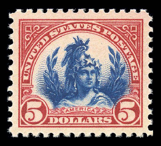 Values of US Stamp Scott Catalogue 573: 1923 US$5.00 Freedom Statue Perf 11. Matthew Bennett International, Sep 2010, Sale 331, Lot 777