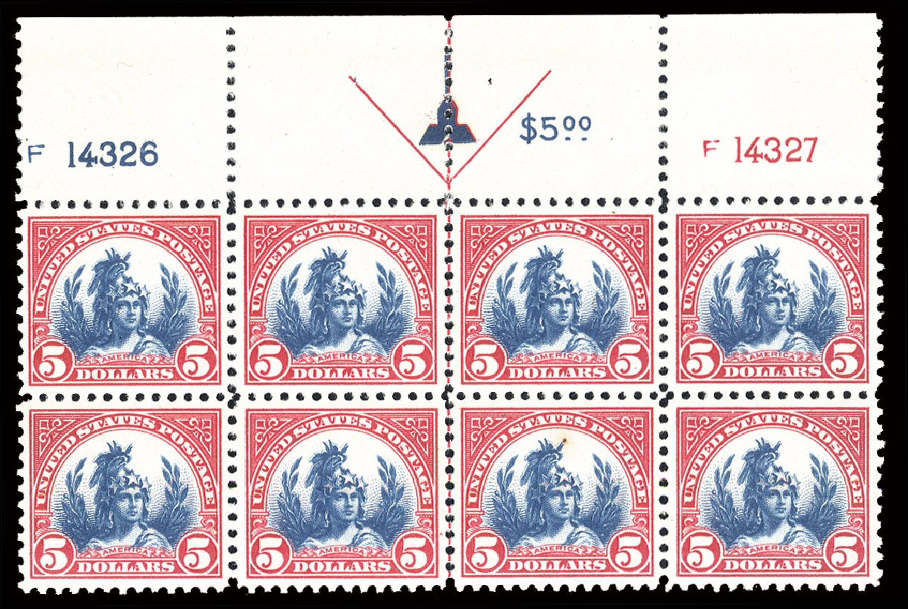 Costs of US Stamp Scott Catalog # 573: 1923 US$5.00 Freedom Statue Perf 11. Cherrystone Auctions, Mar 2010, Sale 201003, Lot 187