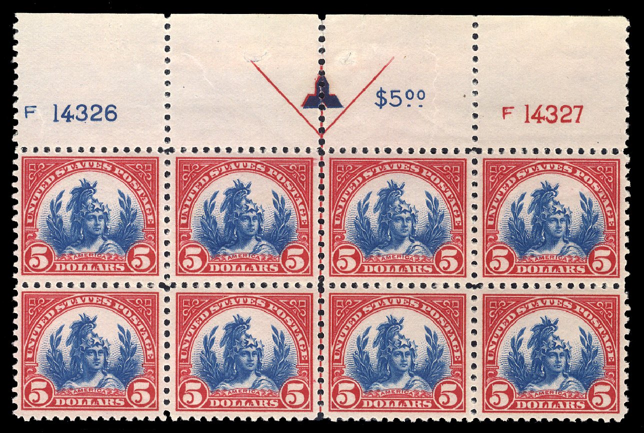 Costs of US Stamp Scott Cat. # 573 - 1923 US$5.00 Freedom Statue Perf 11. Cherrystone Auctions, Feb 2011, Sale 201102, Lot 107