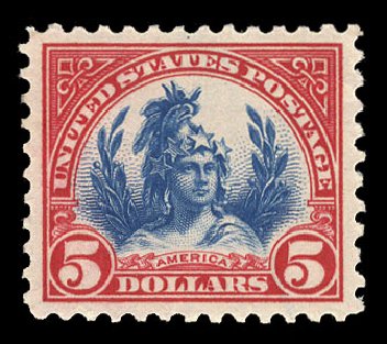 US Stamps Prices Scott 573 - 1923 US$5.00 Freedom Statue Perf 11. Cherrystone Auctions, Jan 2015, Sale 201501, Lot 187