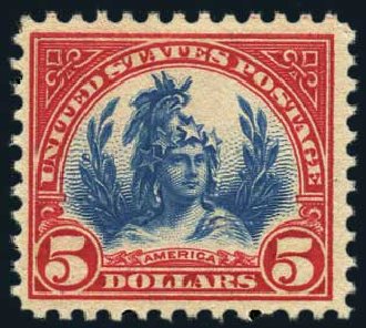 Prices of US Stamp Scott Cat. 573: US$5.00 1923 Freedom Statue Perf 11. Harmer-Schau Auction Galleries, May 2015, Sale 105, Lot 177