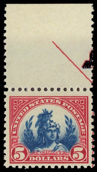 US Stamp Prices Scott Catalog # 573 - US$5.00 1923 Freedom Statue Perf 11. Daniel Kelleher Auctions, Aug 2012, Sale 631, Lot 1327