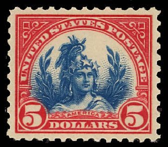 Prices of US Stamps Scott 573 - 1923 US$5.00 Freedom Statue Perf 11. Daniel Kelleher Auctions, Dec 2012, Sale 633, Lot 947