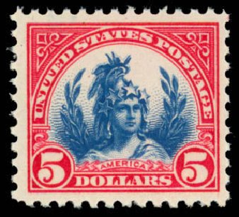 US Stamp Value Scott Catalog # 573 - US$5.00 1923 Freedom Statue Perf 11. Daniel Kelleher Auctions, Apr 2013, Sale 636, Lot 437