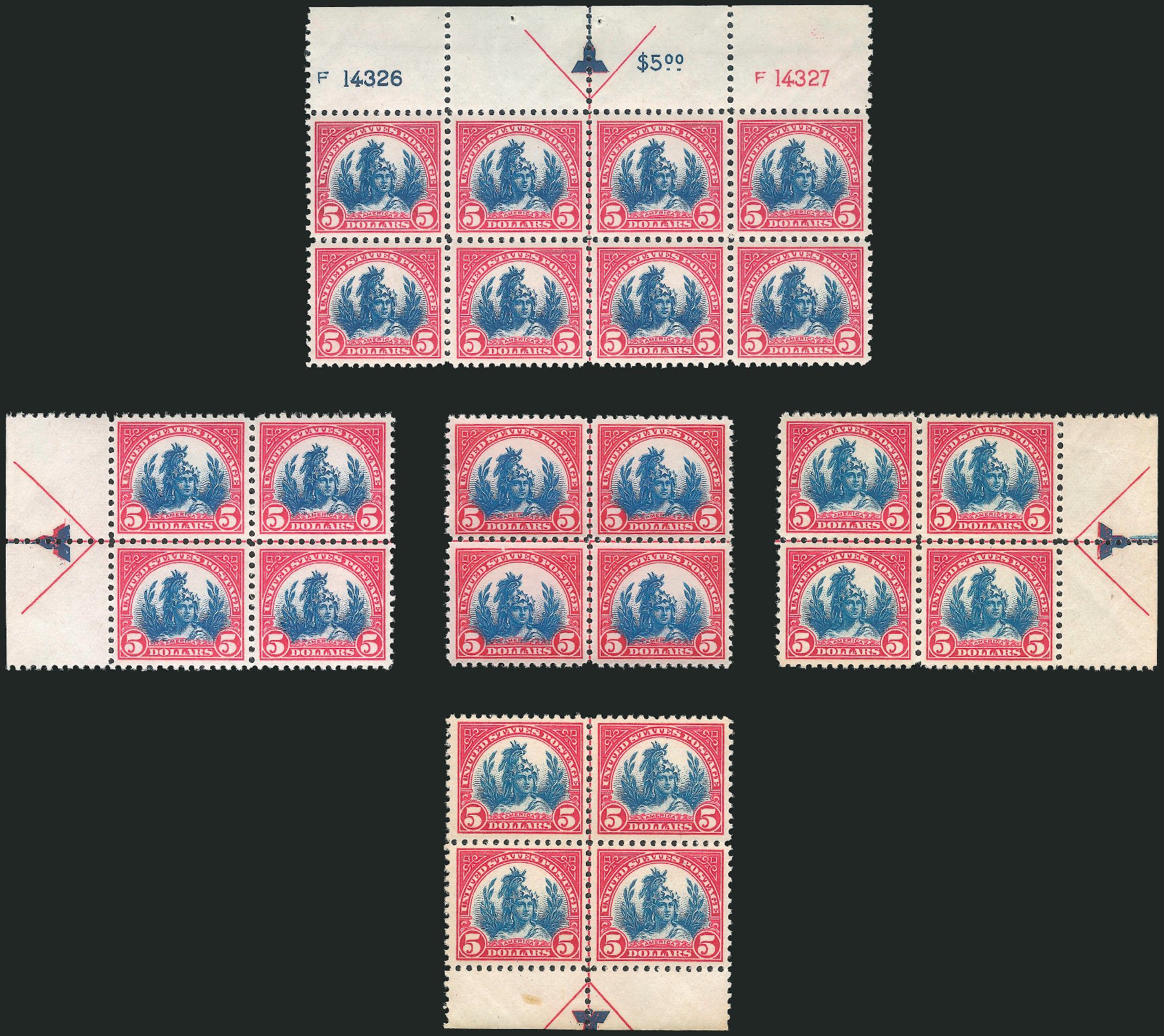 Values of US Stamp Scott Catalogue #573 - 1923 US$5.00 Freedom Statue Perf 11. Robert Siegel Auction Galleries, Feb 2015, Sale 1092, Lot 1367