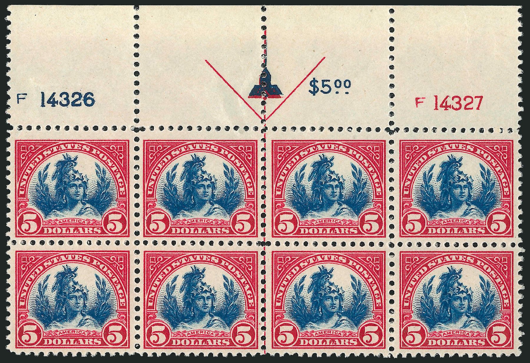 US Stamp Values Scott Cat. 573 - US$5.00 1923 Freedom Statue Perf 11. Robert Siegel Auction Galleries, Sep 2008, Sale 962, Lot 2867
