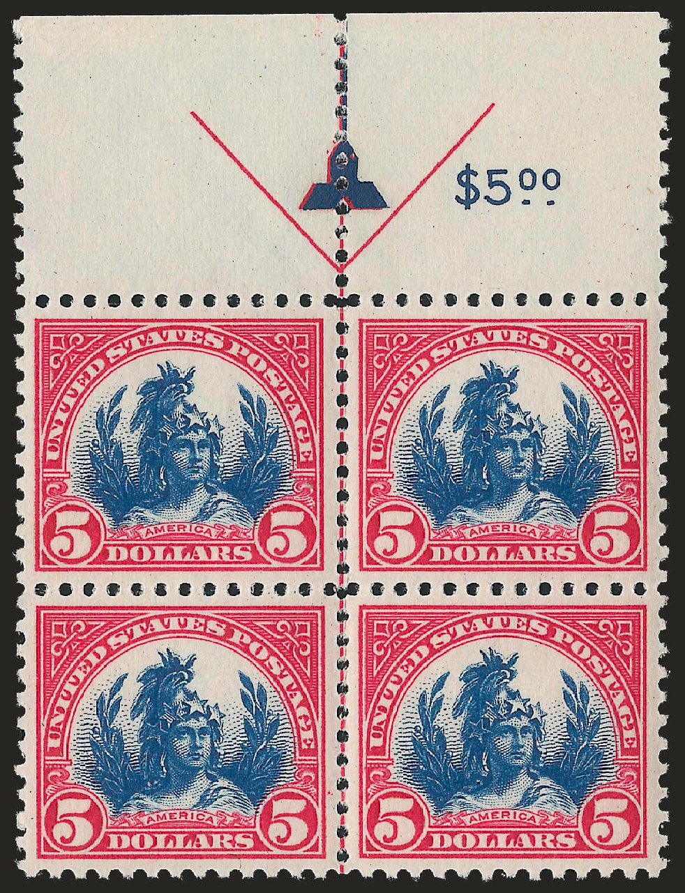 Cost of US Stamp Scott Catalogue #573 - US$5.00 1923 Freedom Statue Perf 11. Robert Siegel Auction Galleries, Apr 2010, Sale 984, Lot 987