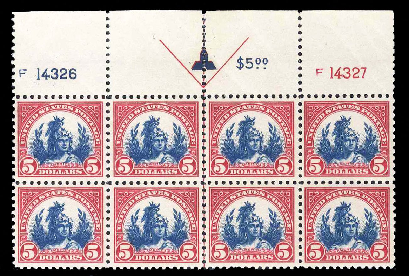 Costs of US Stamp Scott Cat. #573: 1923 US$5.00 Freedom Statue Perf 11. Cherrystone Auctions, Nov 2013, Sale 201311, Lot 48