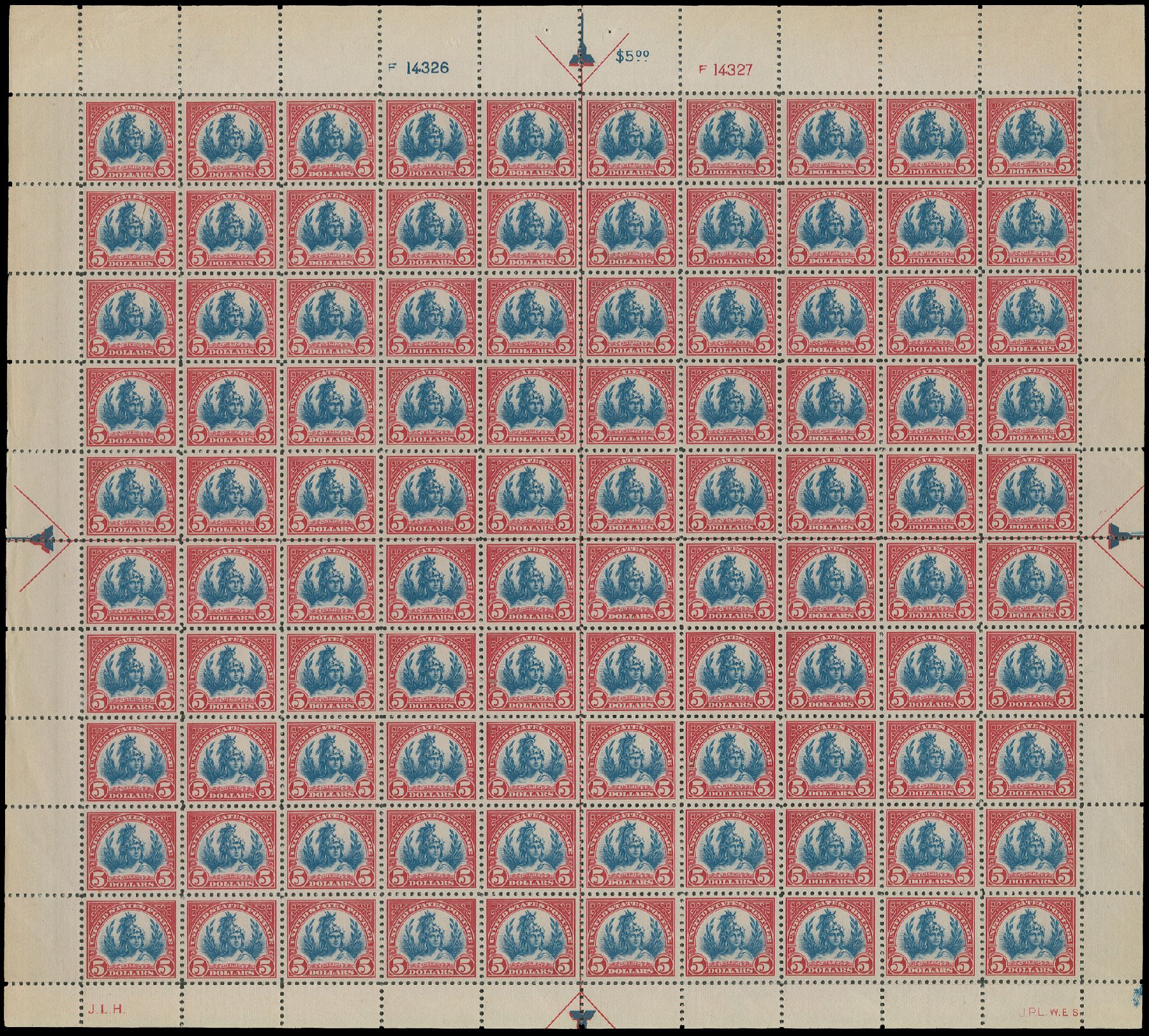 Values of US Stamp Scott Catalog 573 - US$5.00 1923 Freedom Statue Perf 11. H.R. Harmer, Jun 2013, Sale 3003, Lot 1408