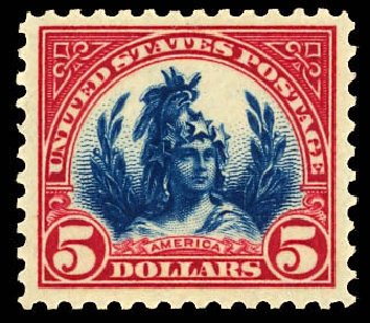 Costs of US Stamp Scott Catalog 573: US$5.00 1923 Freedom Statue Perf 11. Daniel Kelleher Auctions, Dec 2012, Sale 633, Lot 948