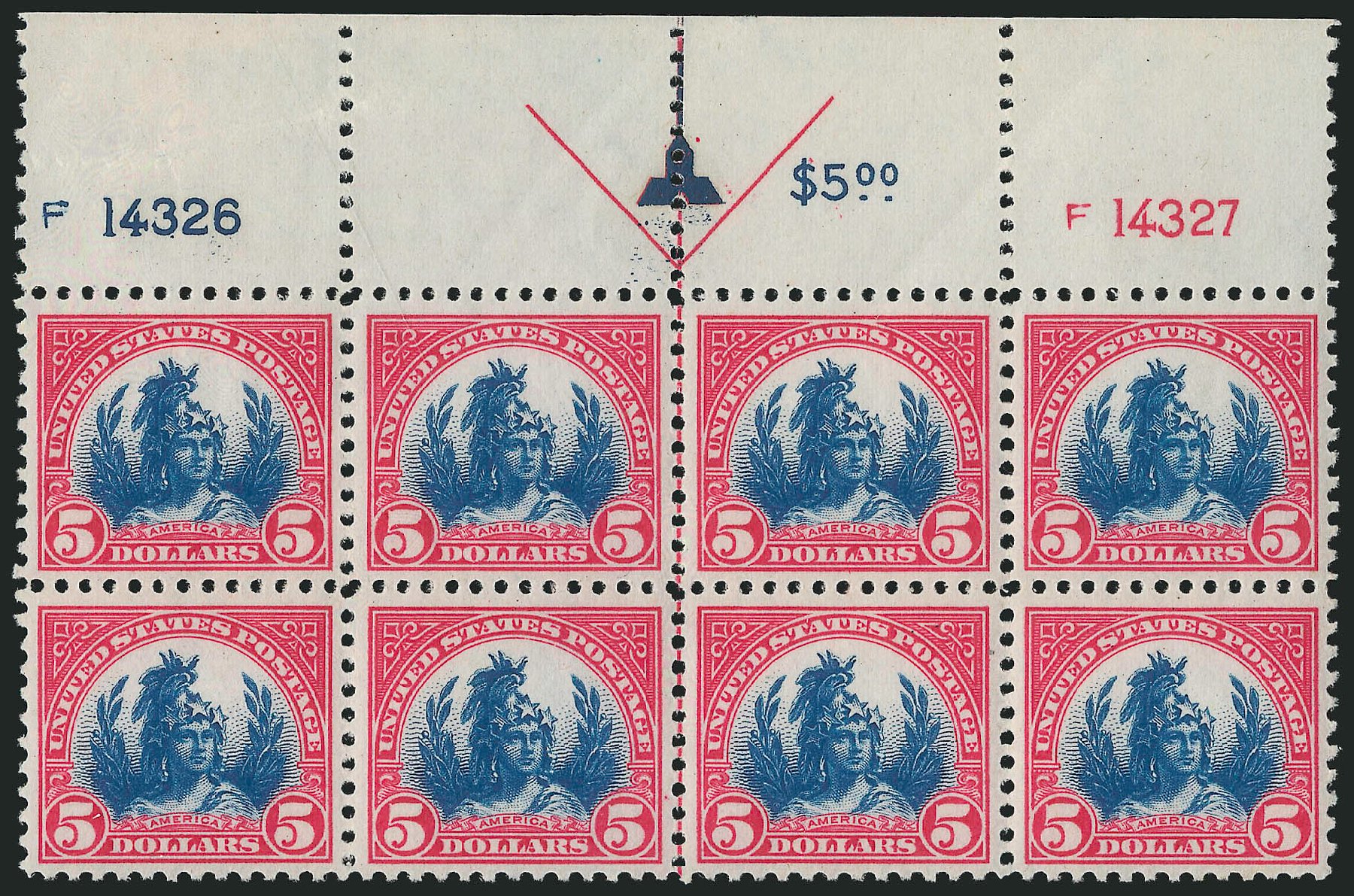 US Stamp Value Scott Catalog #573: US$5.00 1923 Freedom Statue Perf 11. Robert Siegel Auction Galleries, Feb 2015, Sale 1092, Lot 1368