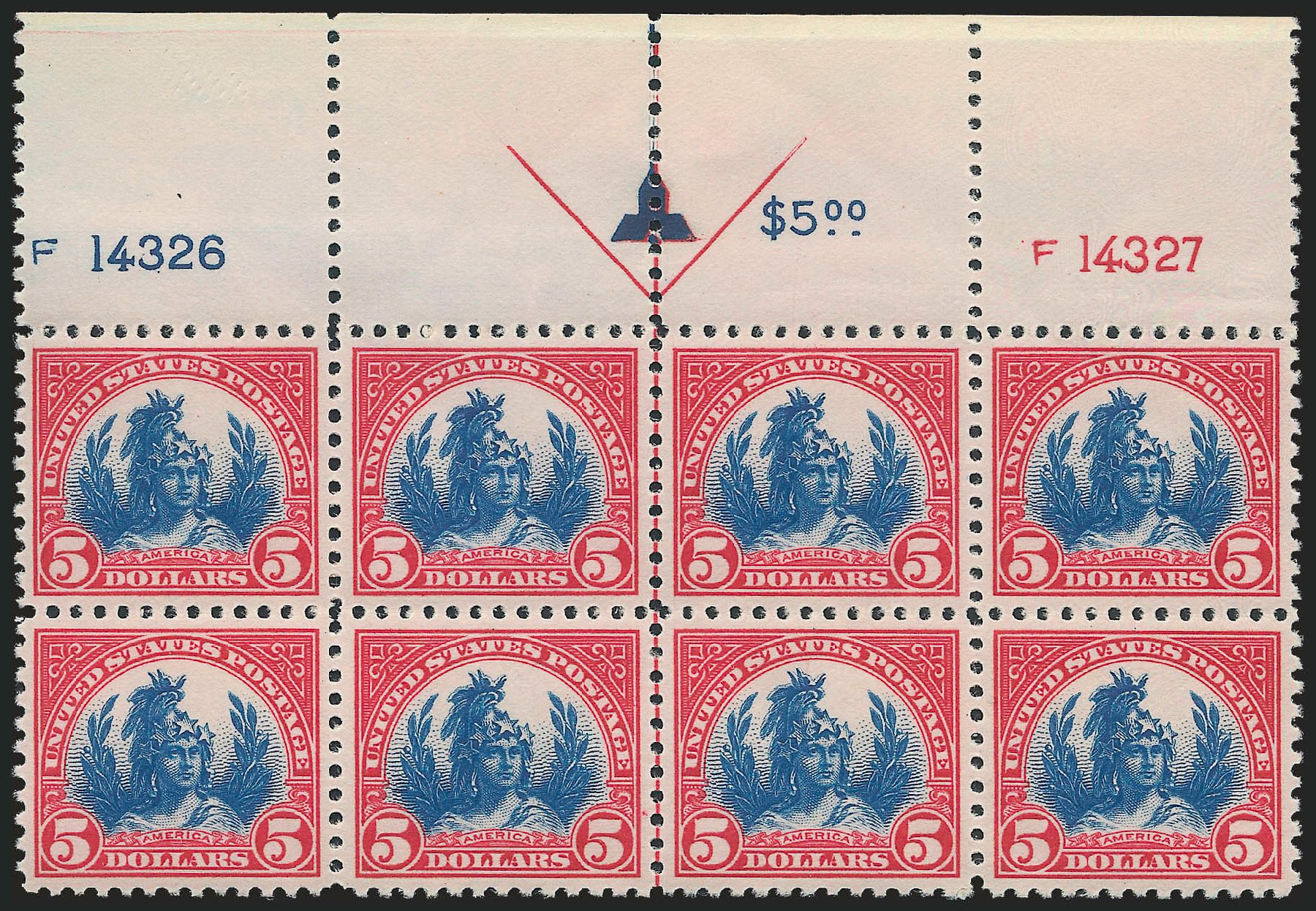 Value of US Stamps Scott # 573 - 1923 US$5.00 Freedom Statue Perf 11. Robert Siegel Auction Galleries, Jun 2010, Sale 992, Lot 2538