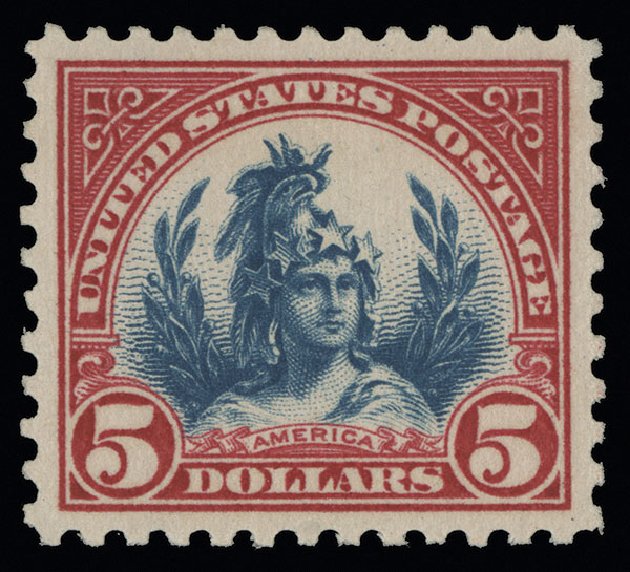 US Stamps Values Scott 573: US$5.00 1923 Freedom Statue Perf 11. Spink Shreves Galleries, Aug 2013, Sale 144, Lot 288