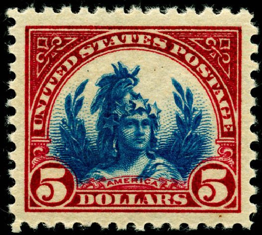 Cost of US Stamp Scott Catalog 573 - US$5.00 1923 Freedom Statue Perf 11. Matthew Bennett International, Jun 2008, Sale 328, Lot 1059