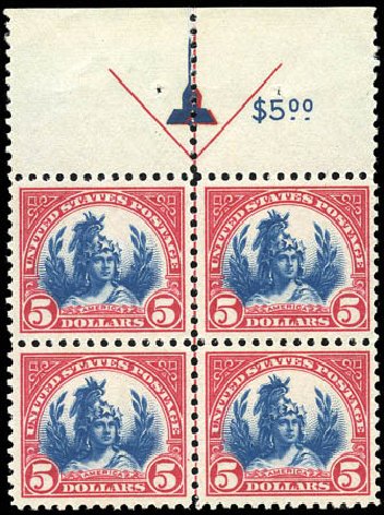 US Stamp Values Scott # 573 - US$5.00 1923 Freedom Statue Perf 11. Matthew Bennett International, Sep 2011, Sale 338, Lot 1969