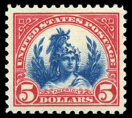 Cost of US Stamp Scott Cat. #573 - US$5.00 1923 Freedom Statue Perf 11. Matthew Bennett International, Feb 2012, Sale 340, Lot 509