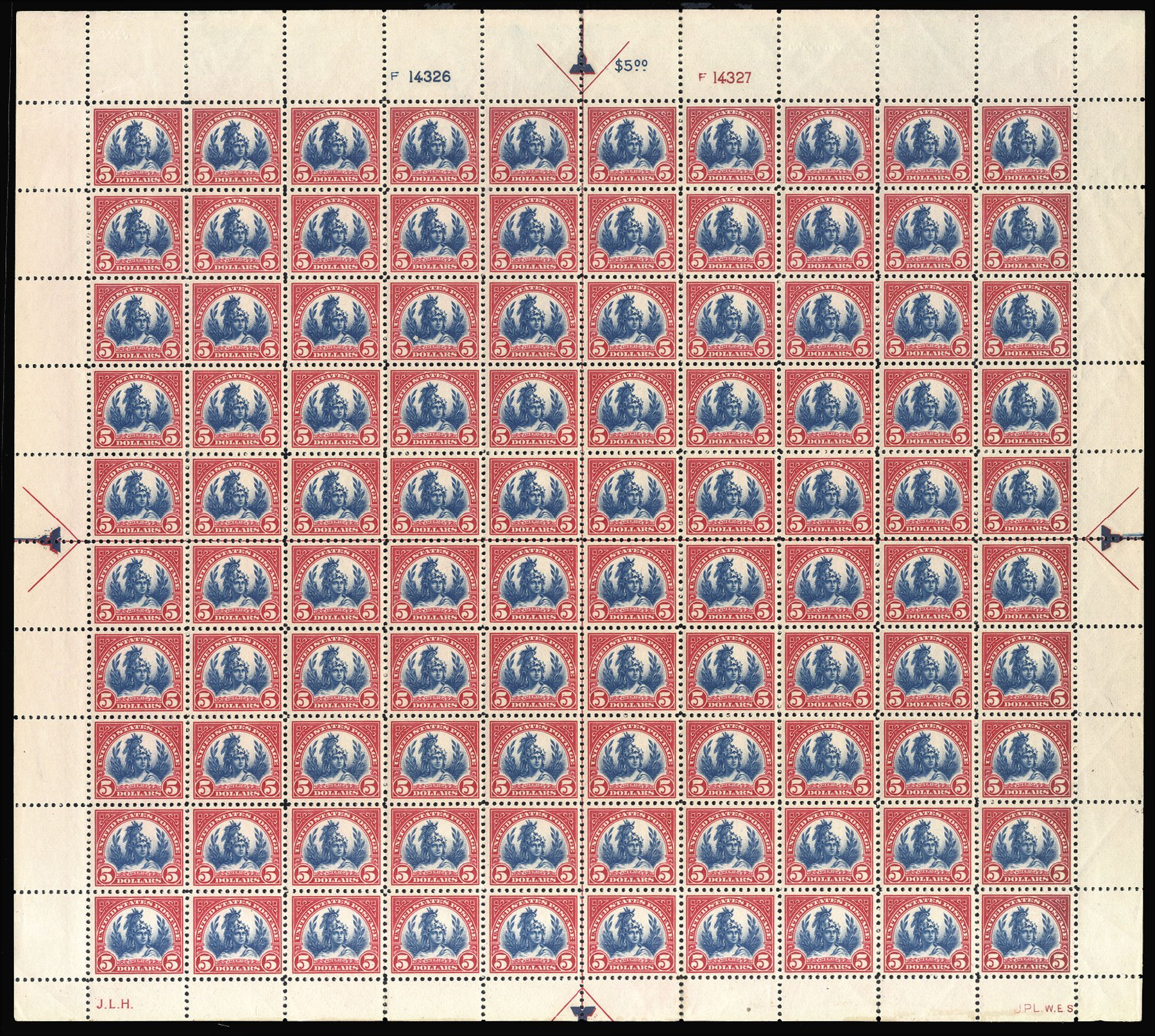 Costs of US Stamps Scott Catalog # 573: US$5.00 1923 Freedom Statue Perf 11. Cherrystone Auctions, Nov 2013, Sale 201311, Lot 49