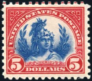 Price of US Stamp Scott Catalog # 573 - US$5.00 1923 Freedom Statue Perf 11. Harmer-Schau Auction Galleries, Mar 2011, Sale 89, Lot 349
