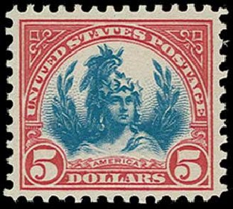 US Stamp Price Scott Catalogue 573: 1923 US$5.00 Freedom Statue Perf 11. H.R. Harmer, Jun 2015, Sale 3007, Lot 3359