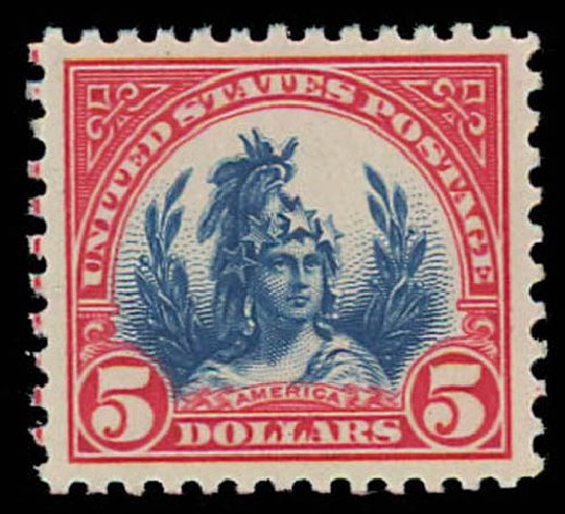 Costs of US Stamps Scott Catalogue # 573 - US$5.00 1923 Freedom Statue Perf 11. Daniel Kelleher Auctions, Oct 2011, Sale 626, Lot 439
