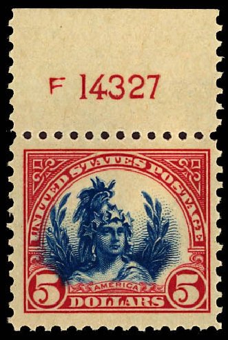 Price of US Stamps Scott Catalogue 573 - 1923 US$5.00 Freedom Statue Perf 11. Daniel Kelleher Auctions, Dec 2012, Sale 633, Lot 949