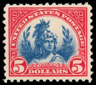 US Stamp Prices Scott Catalogue 573: US$5.00 1923 Freedom Statue Perf 11. Daniel Kelleher Auctions, Dec 2014, Sale 661, Lot 419