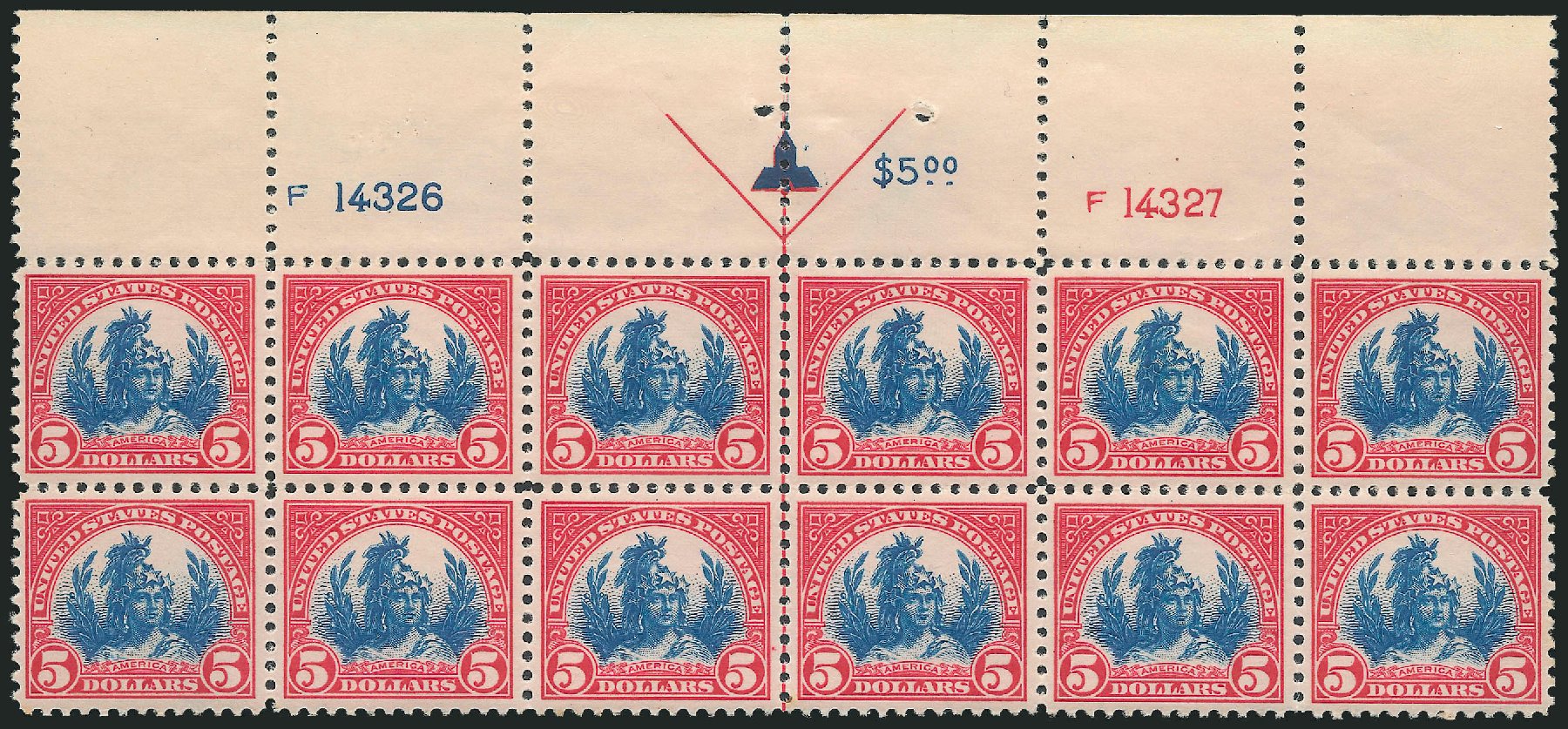 US Stamps Value Scott 573 - US$5.00 1923 Freedom Statue Perf 11. Robert Siegel Auction Galleries, Mar 2013, Sale 1040, Lot 1989