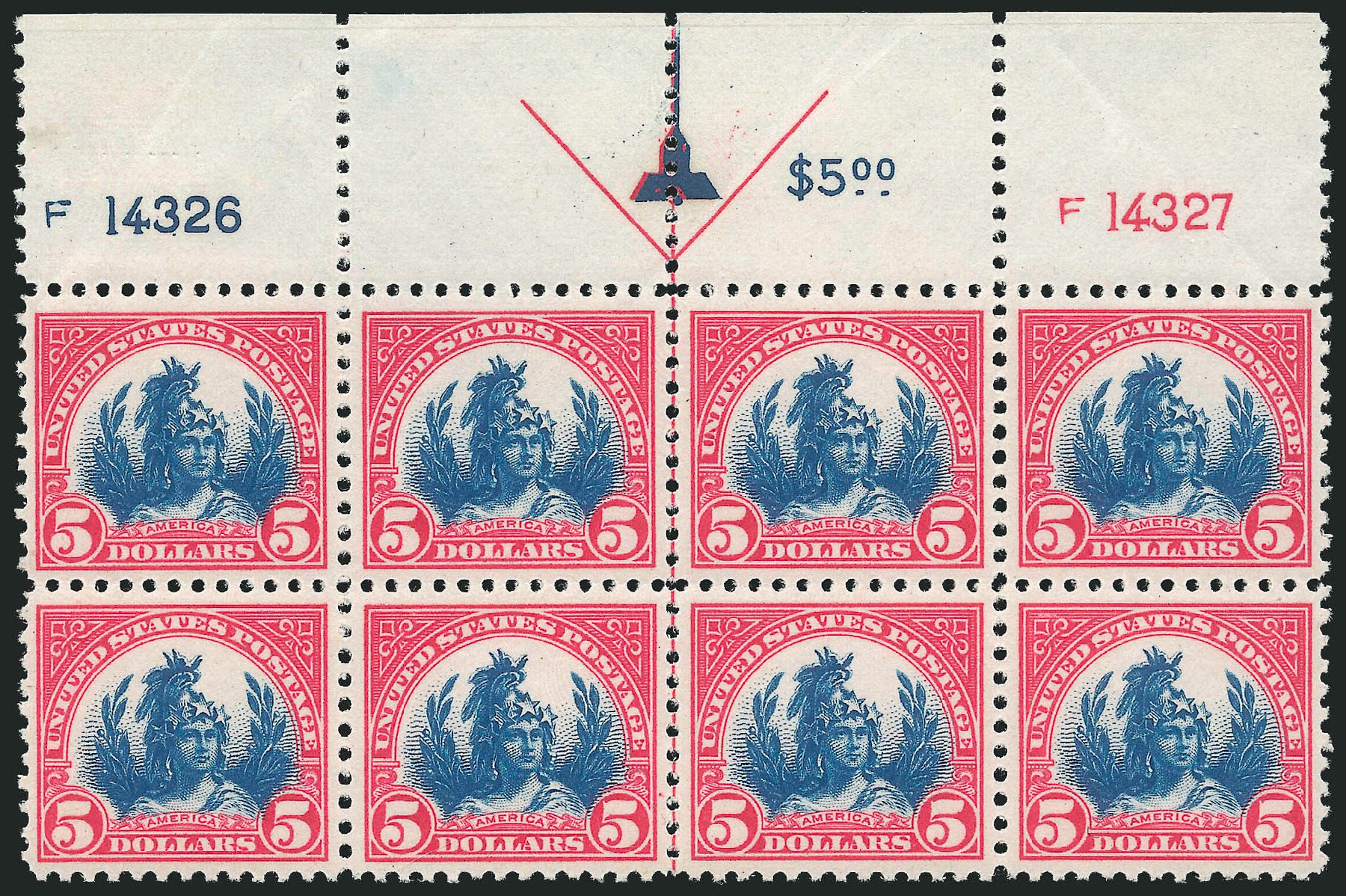 Costs of US Stamp Scott Catalog 573: US$5.00 1923 Freedom Statue Perf 11. Robert Siegel Auction Galleries, Feb 2015, Sale 1093, Lot 539
