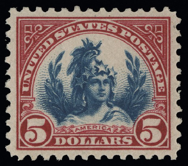 Prices of US Stamps Scott # 573 - US$5.00 1923 Freedom Statue Perf 11. Spink Shreves Galleries, Aug 2013, Sale 144, Lot 289