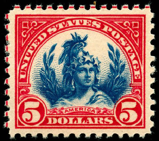 Costs of US Stamps Scott Catalogue # 573 - 1923 US$5.00 Freedom Statue Perf 11. Matthew Bennett International, Jun 2008, Sale 328, Lot 1060