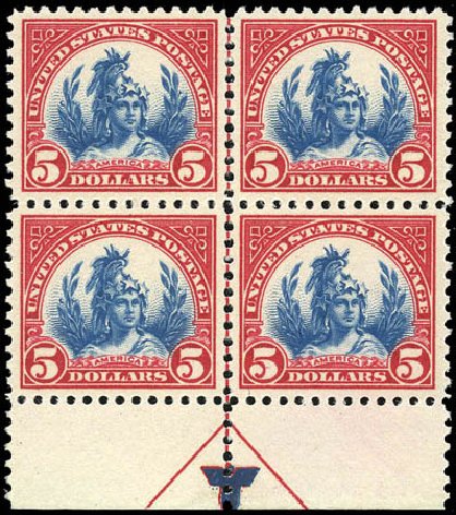 Value of US Stamps Scott Catalogue #573 - 1923 US$5.00 Freedom Statue Perf 11. Matthew Bennett International, Sep 2011, Sale 338, Lot 1970