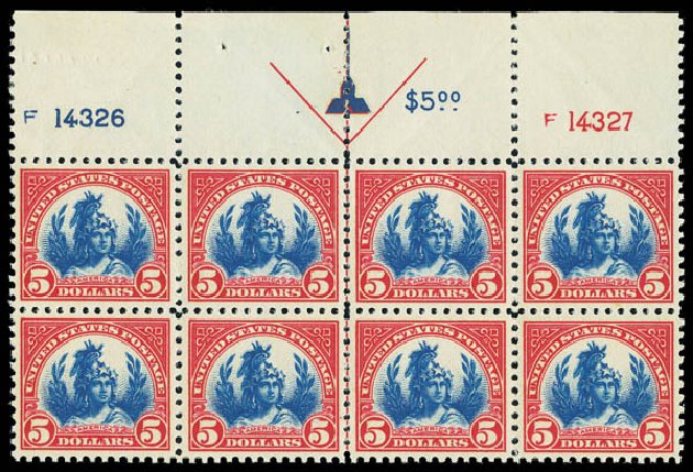 US Stamp Values Scott Catalog #573: US$5.00 1923 Freedom Statue Perf 11. Matthew Bennett International, Sep 2012, Sale 345, Lot 380