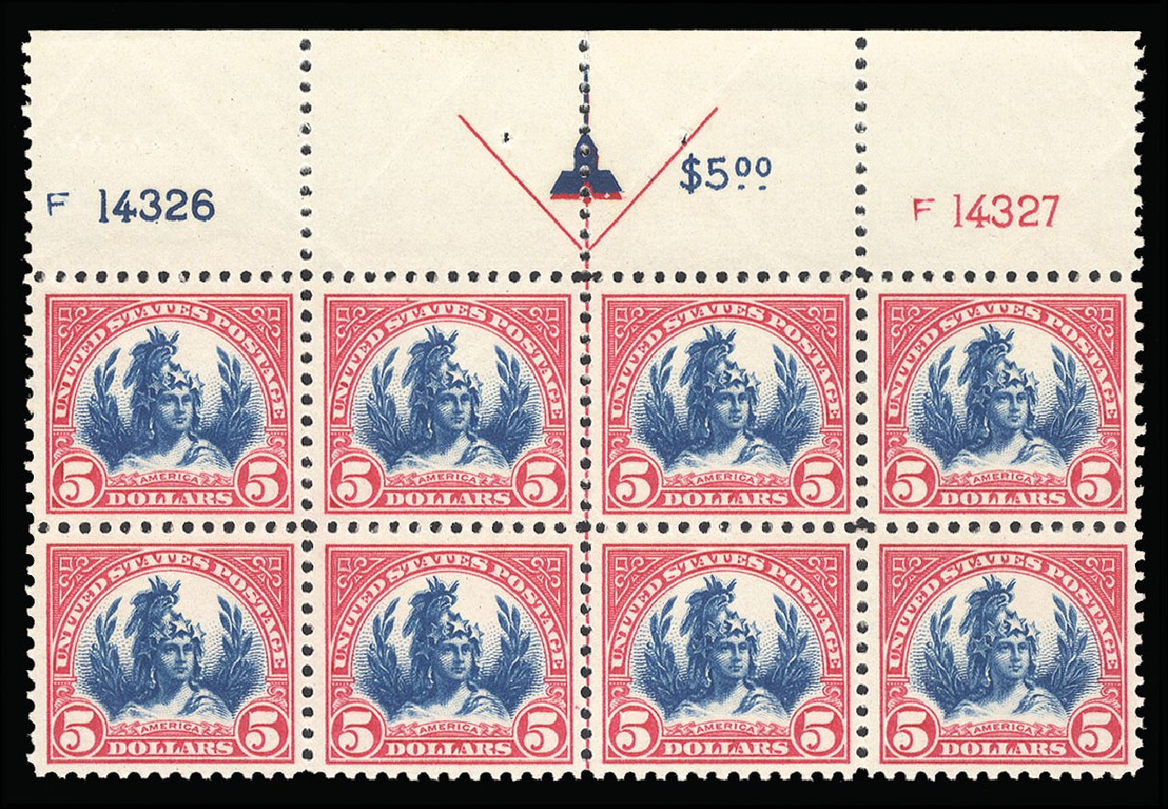 Costs of US Stamp Scott Cat. # 573: US$5.00 1923 Freedom Statue Perf 11. Cherrystone Auctions, Mar 2015, Sale 201503, Lot 60