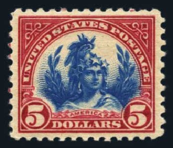 US Stamp Prices Scott Catalog 573 - US$5.00 1923 Freedom Statue Perf 11. Harmer-Schau Auction Galleries, Aug 2014, Sale 102, Lot 2090